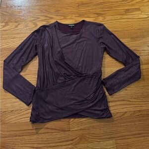Express Purple Metallic Faux Wrap Long Sleeve Top